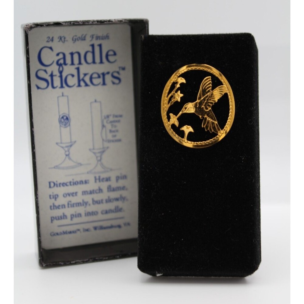 Vintage 24K Gold Finish Candle Sticker Hummingbird Pin Ornament Original Box